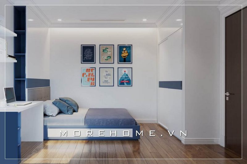 .

Mẫu giường ngủ trẻ em gỗ công nghiệp kết hợp hai gam màu xanh và trắng để tạo nên một sự hài hòa cùng với nét độc đáo và cá tính để làm cho không gian trở nên đẹp hơn.
